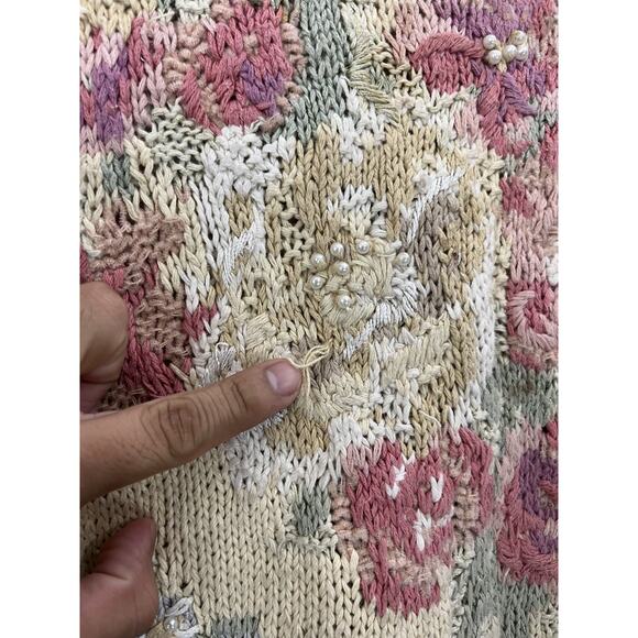 Vtg Hand Knit Chunky Ramie Floral Embroidery Grandma Garden Cottagecore Sweater - Picture 5 of 11